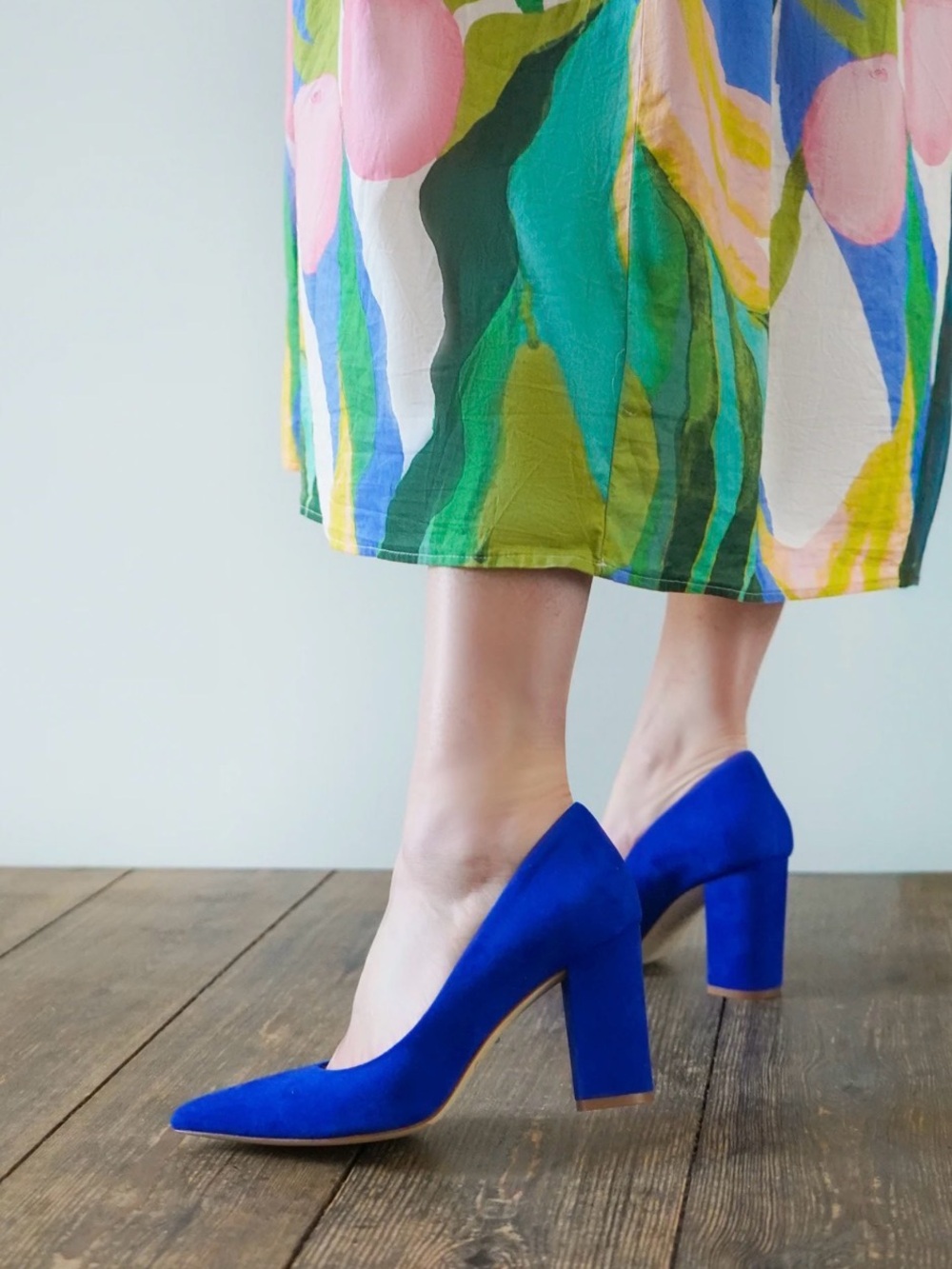 Cobalt Blue Suede Block Heel Round Toe Pumps